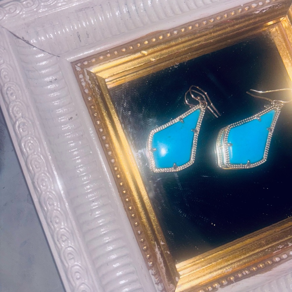 Kendra Scott " Alexandra" Turquoise Statement Earrings W/ Gold Trim - Picture 2 of 3